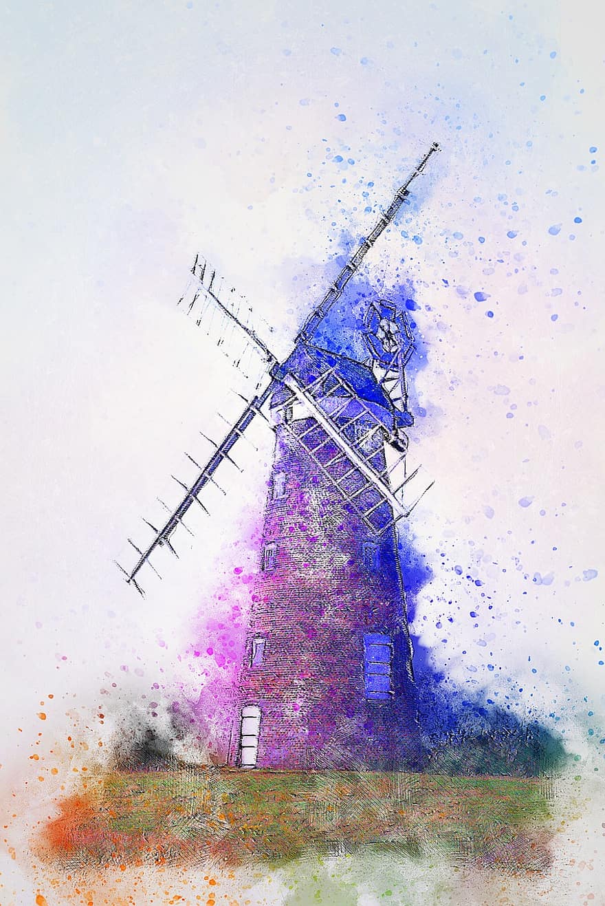 Mill, Windmill, Wing, Wheat, Nature, Watercolor, Vintage, Woman, Colorful, Card, Greeting Card