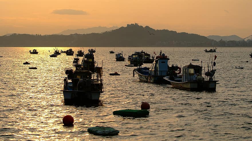 Fishing Boat, Glow, West Sea, Nature, Travel, Daebudo Island, Landscape, nautical vessel, water, sunset, summer