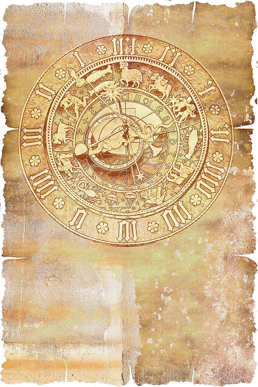 pergament, papper, astronomisk klocka, klocka, tid, tid av, datum, dag, månad, år, zodiaken