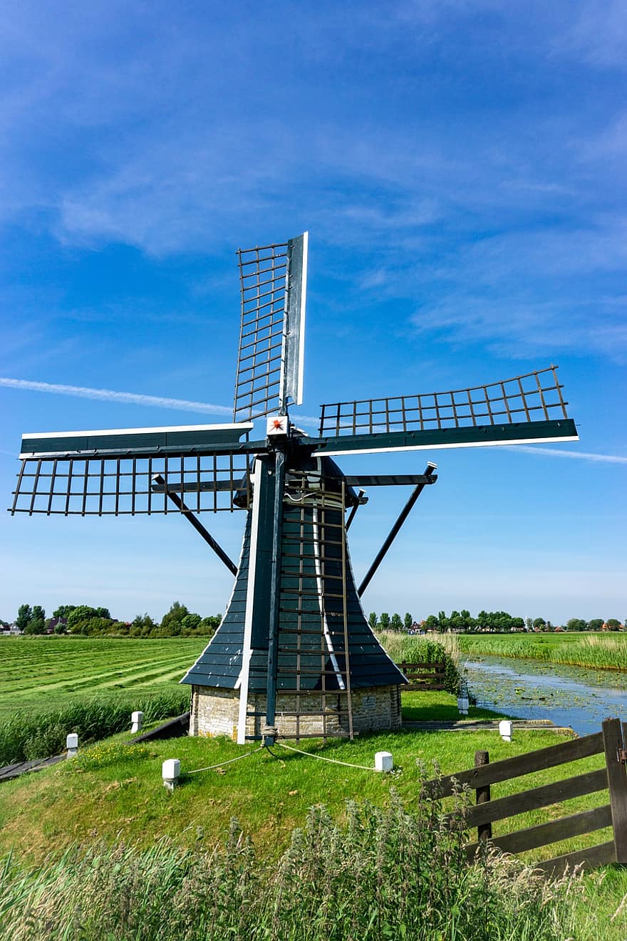 風車、村、オランダ、古い風車、風力エネルギー、構造、歴史的な、観光