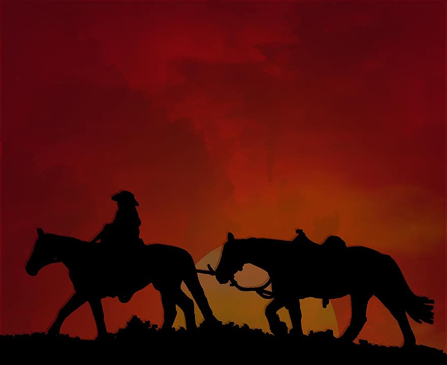 hesteryggen, cowboy, hester, ledende, sol, soloppgang, skumring, vestlig, sal, riding, vill