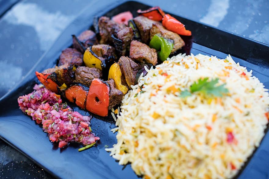 arròs, shish kebab, menjar africà, menjar, plat, Shish Kabob, verdures, Suya, Kabob de vedella de l'Àfrica Occidental, vedella, carn