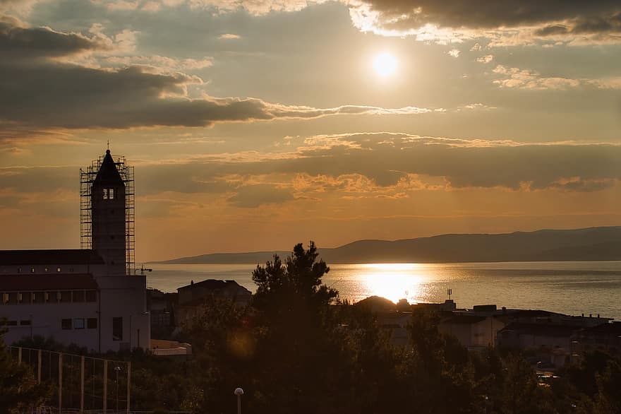 puesta de sol, mar, Croacia, Oceano, Iglesia, ciudad, costa, Dalmacia, noche, horizonte, paisaje