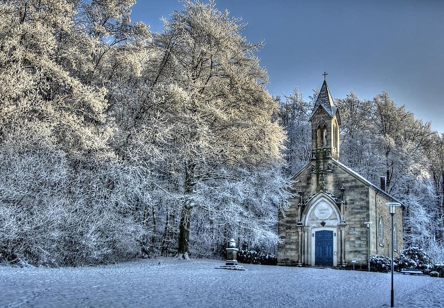 kyrka, vinter-, säsong, träd, natur, snö, kristendom, religion, arkitektur, känt ställe, katolicism
