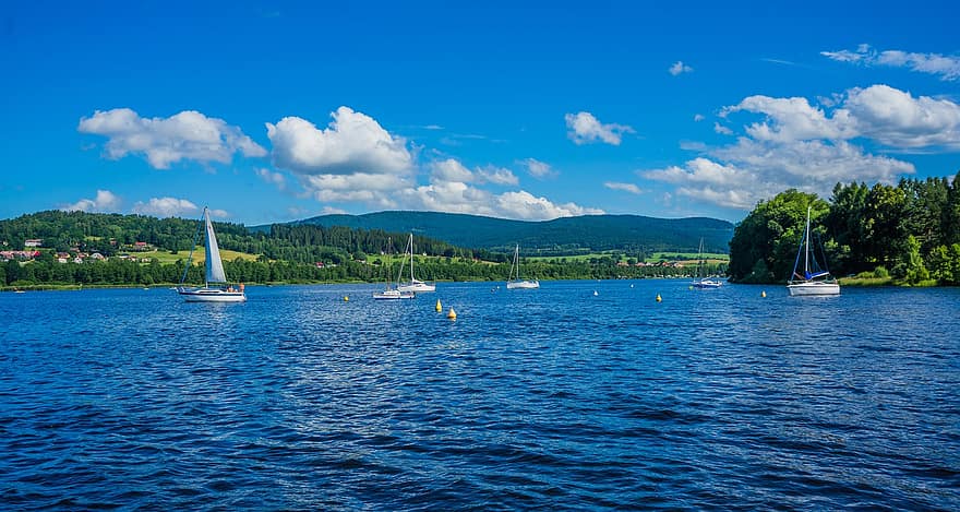 湖、貯水池、ボート、チェコ共和国、見通し、水、セーリングボート、夏、南ボヘミア、休暇、自然