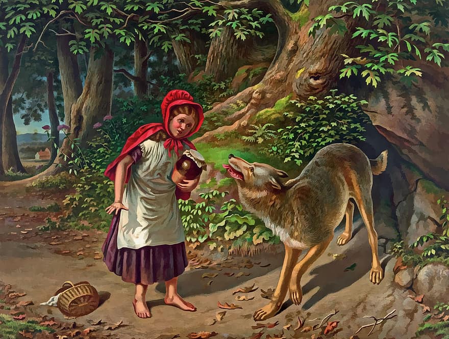 cô bé quàng khăn đỏ, đỏ, ít, mui xe, cưỡi ngựa, con gái, cái rổ, bức vẽ, gỗ, rừng, chó sói