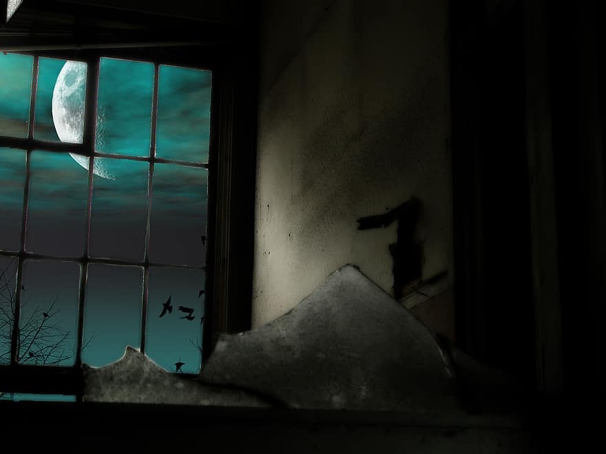 lua, janela, quebrado, fundo, velho, noite, assustador, dia das Bruxas, casa, assombrada, fechadas