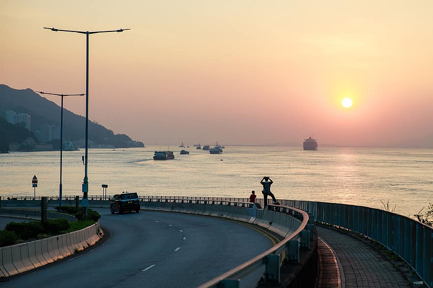 solnedgång, kväll, hav, väg, motorväg, skymning, Hong Kong