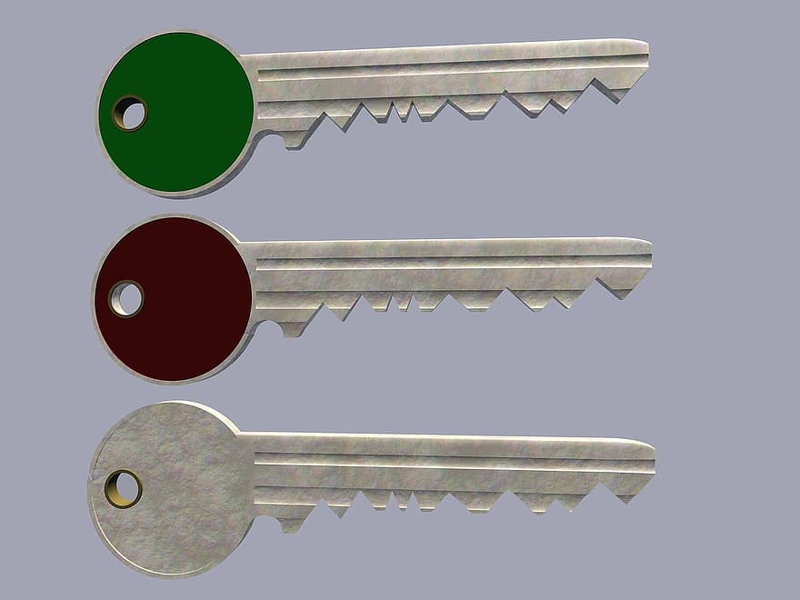 chaves, latão, metal, colori, vermelho, verde