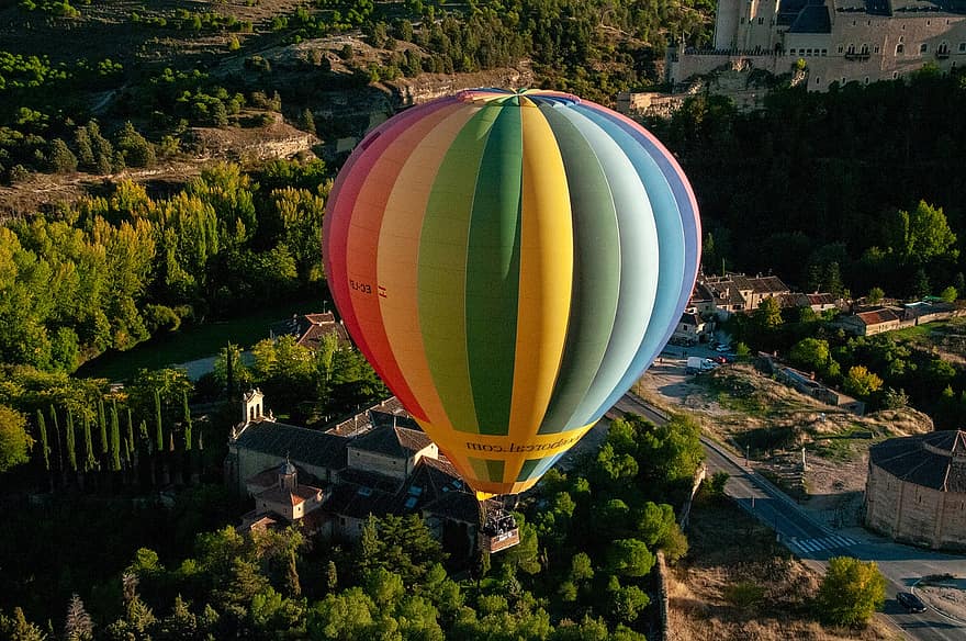 globus d'aire calent, volant, paisatge, aventura, vista, Segovia