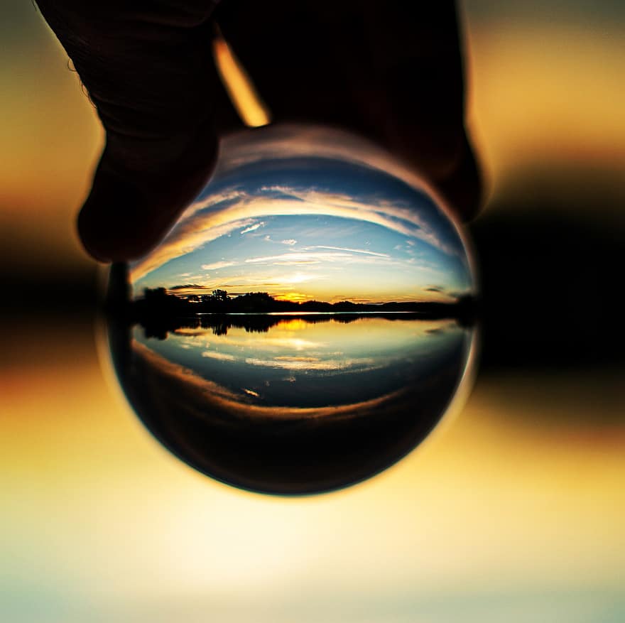 lensball, lago, por do sol, natureza, reflexão, bola de vidro, bola de cristal, cenário, crepúsculo