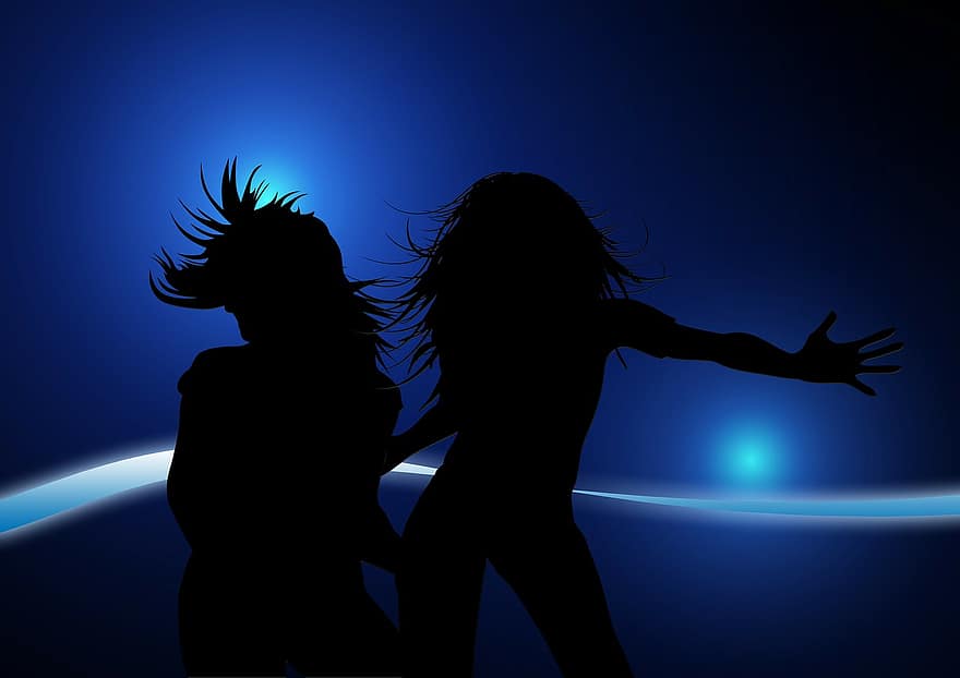 silhouet, meisje, blauw, beweging, springen, dans, licht, feest, disco, nachtclub, vieren