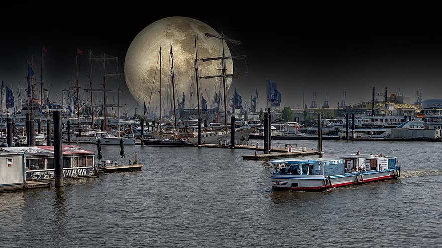 boten, maan, reizen, toerisme, Hamburg, Sleeswijk-Holstein, haven, havencruise, havenstad, zeilboot