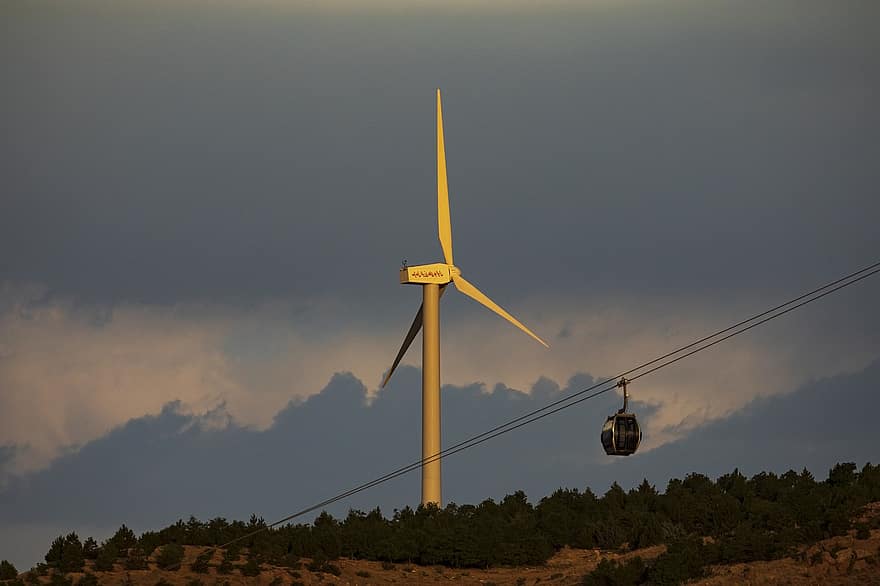 Wind Turbine, Wind Farm, Gondola Lift, Cable Car, Iran, Tabriz, East Azerbaijan Province, Asia, Sky