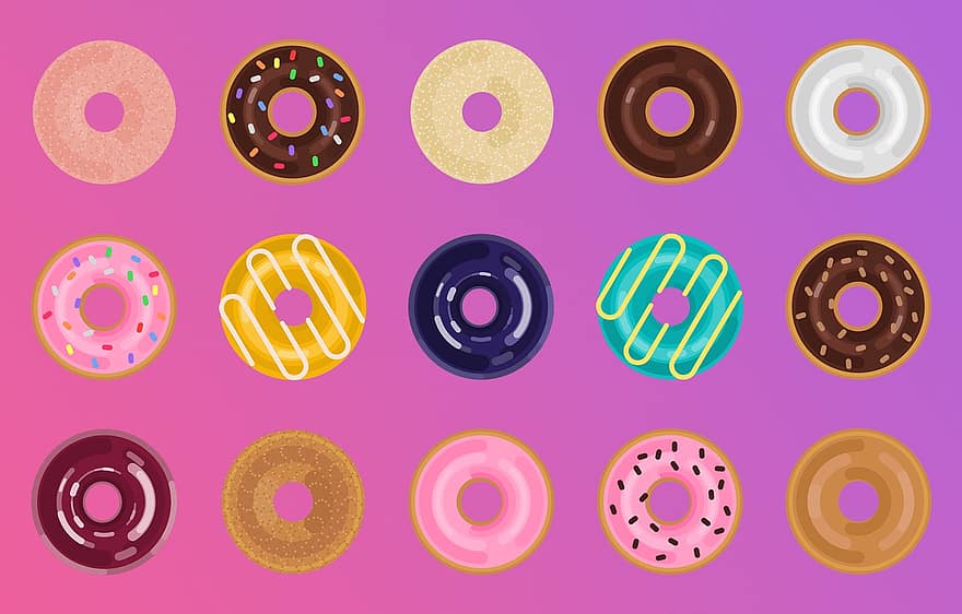toetje, patroon, donut, gebakje, framboos, voedsel, chocolade, tussendoortje, illustratie, vector, suiker