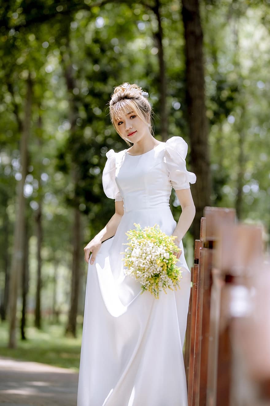 núvia, model, dona, vestit blanc, vestit de núvia, retrat, moda, estil, pentinat, dona jove, asiàtic