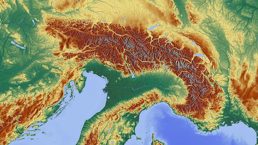 alpin, Karte, alpine Region, Berge, Alpenkampagne, Reliefkarte, Höhenprofil, Höhenstruktur, Farbe, Kartographie, Mercator-Projektion