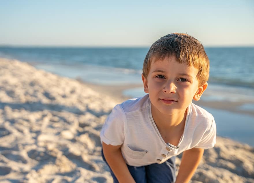 пляж, песок, мальчик, ребенок, играть, море, волны, милый, дитя, молодой, детство