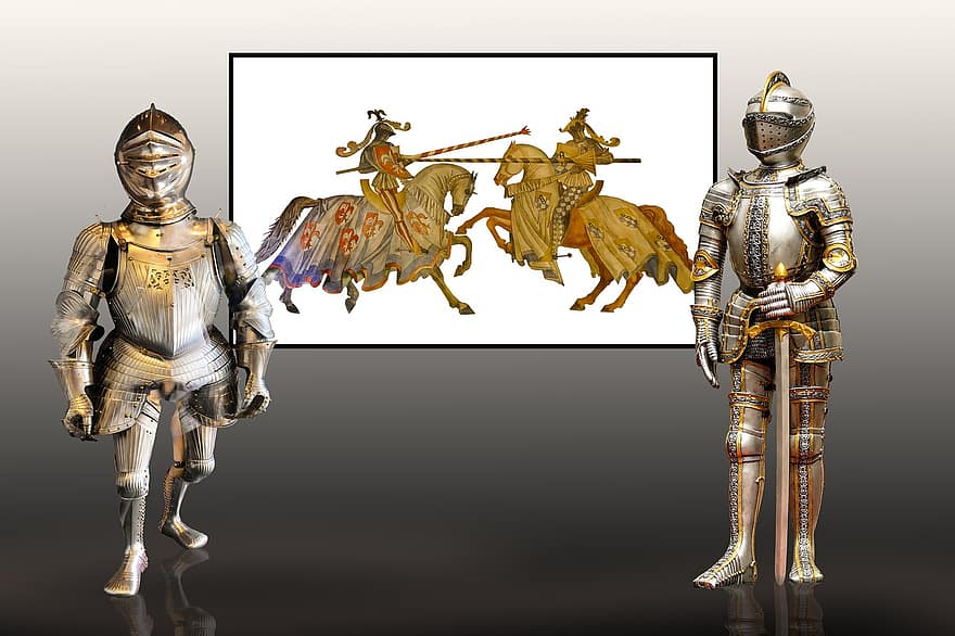 medeltiden, riddare, rustning, historiskt, bekämpa, turnering, hästar, lansar, roder, skydd, ritterruestung