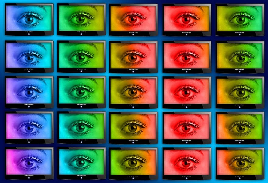 monitoru, monitora sienas, liels ekrāns, acs, vāku, varavīksnene, video siena, sienas, displejs, displeja siena, kontroles istaba