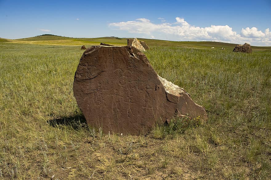 antiguo, dolmen, Khakassia, Siberia, piedra, hierba, escena rural, prado, verano, paisaje, granja