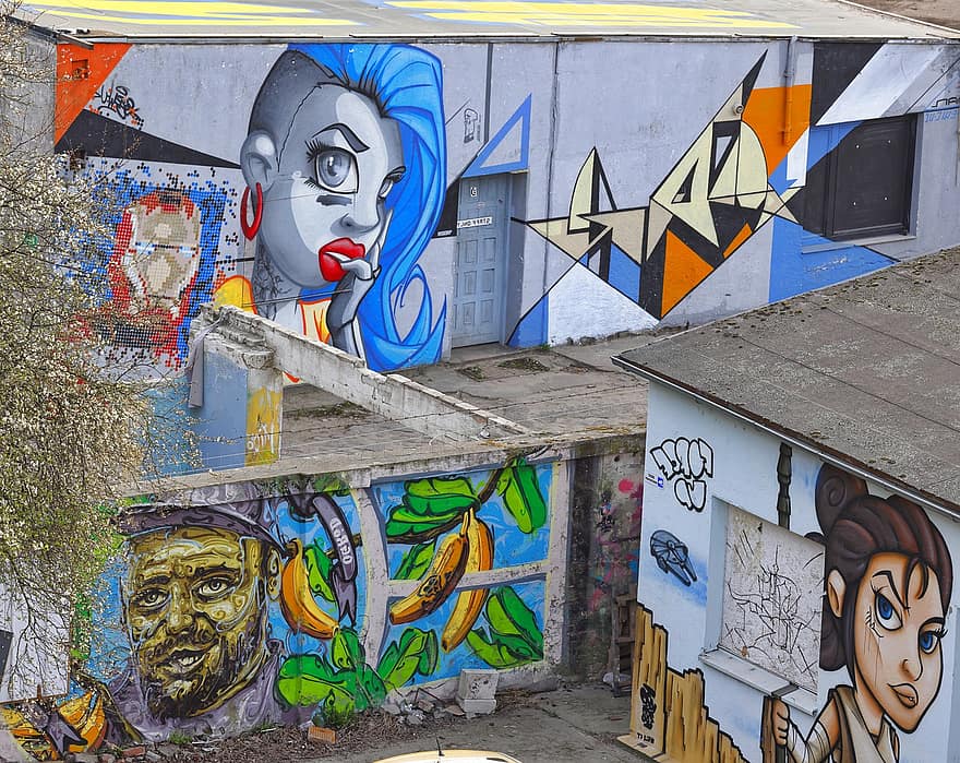 graffiti, utcai művészet, fal, elhagyatott, falfirkálás, többszínű, kreativitás, építészet, épület külső, kultúrák, falfestmény