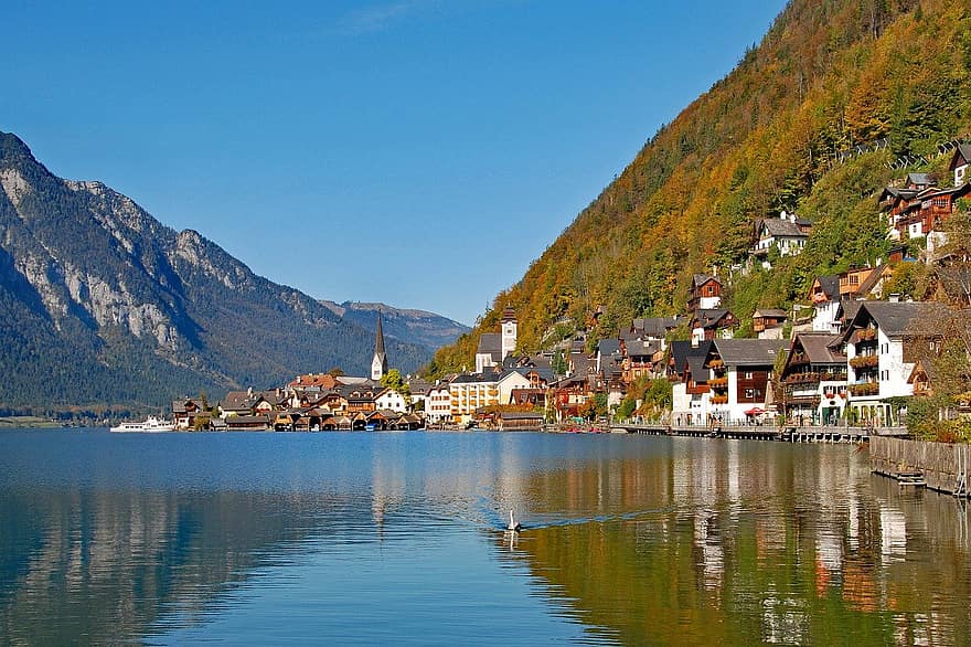 ezers, laukos, pilsēta, raksturs, ceļot, izpēte, ārā, mājas, ciemats, hallstatt, Austrijā