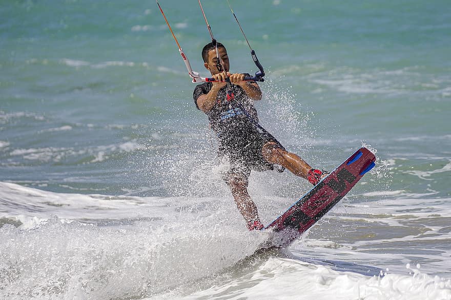 hombre, tablero, paracaídas, Oceano, ola, Deportes acuáticos, mar, surf de vela, kite boarding, viento, playa