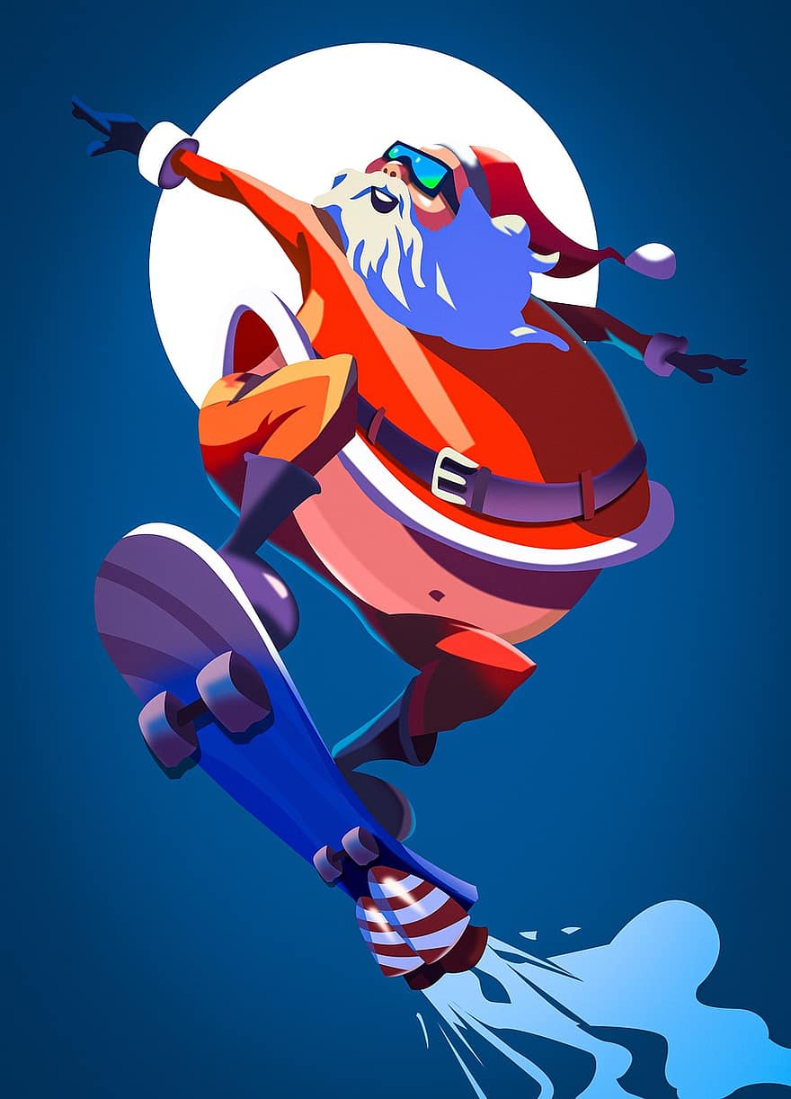 Noël, père Noël, planche à roulette, patinage, illustration, vecteur, dessin animé, Hommes, conception, amusement, bleu