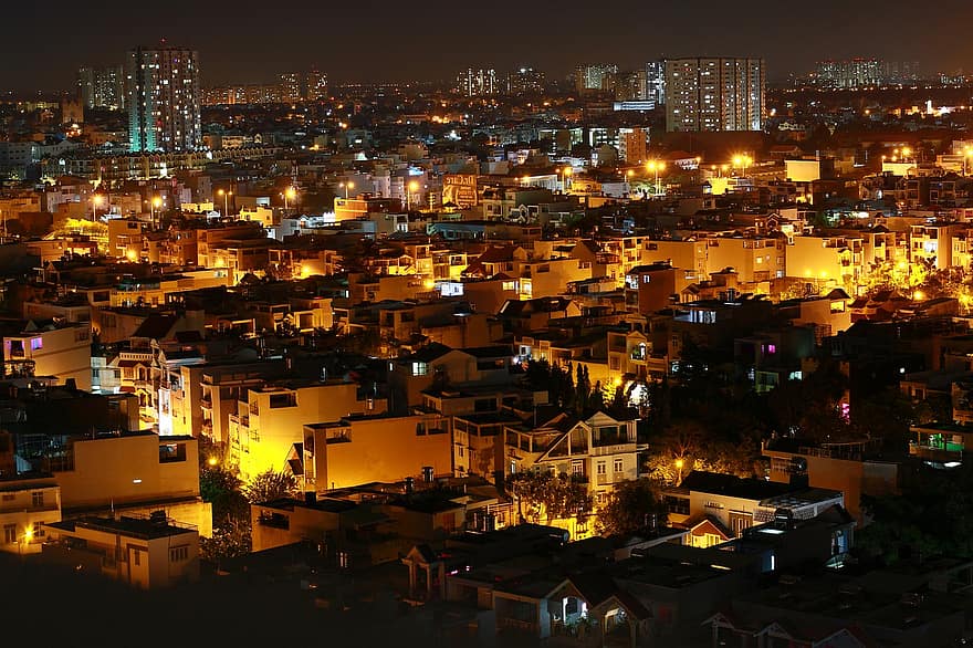 Сайгон, град, нощ, градски пейзаж, ho chi minh city, Виетнам, небостъргачи, сгради, градски, светлини