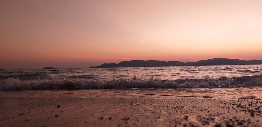solnedgang, hav, fjellene, silhouette, bølge, kyst, kystlinje, strandlinjen, sand, Strand, vann