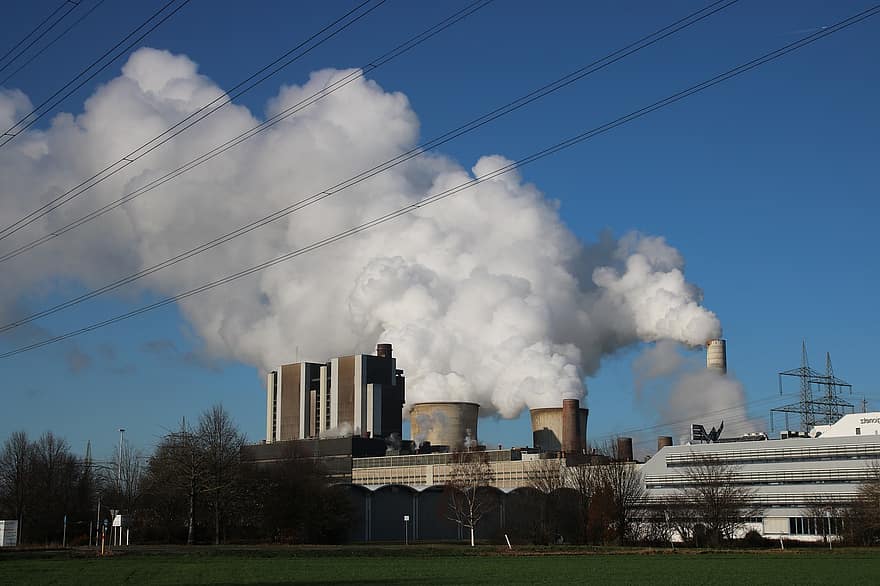 محطة توليد الكهرباء ، دخان ، بخار ، بيئة ، مصنع ، صناعة ، توليد الوقود والطاقة ، التلوث ، الهيكل المادي ، مدخنة ، أزرق