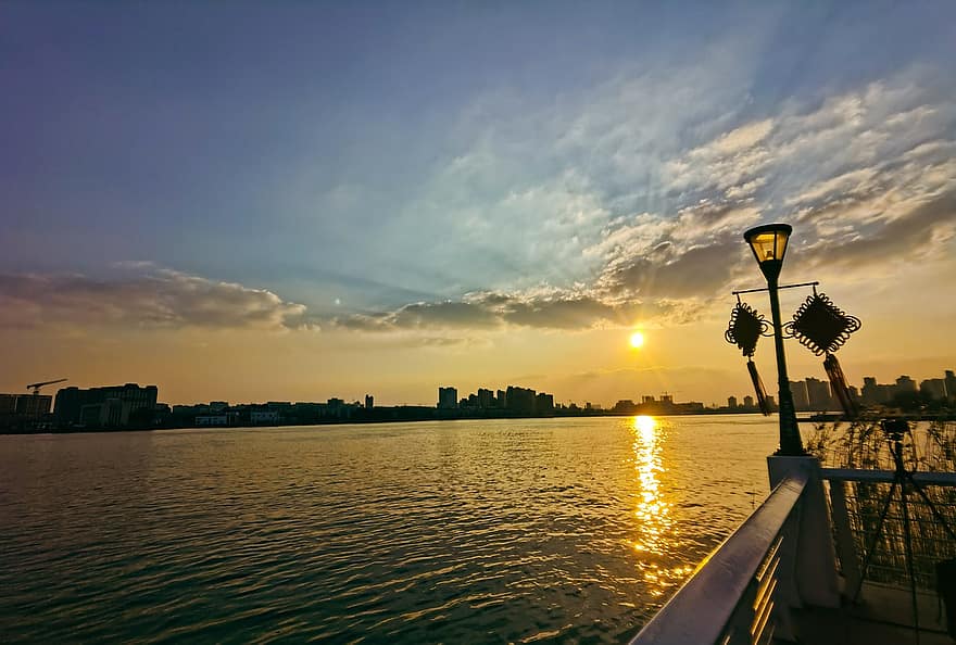 ville, rivière, le coucher du soleil, Shanghai, Chine, Soleil, l'horizon, eau, au bord de la rivière, Urbain, crépuscule