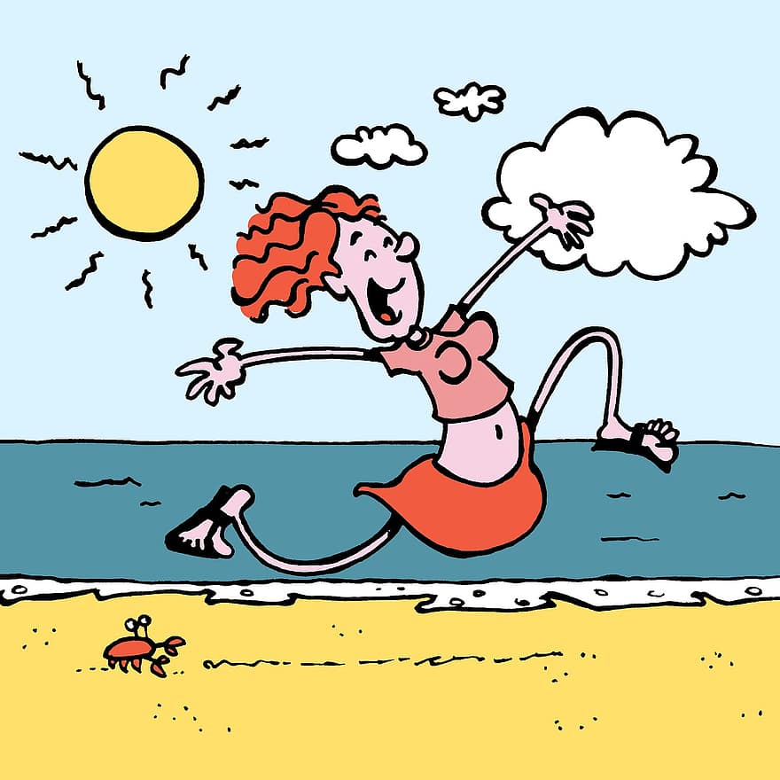 sommer, hav, sand, sol, Strand, pike, kvinne, lykkelig, hopping, løping, krabbe