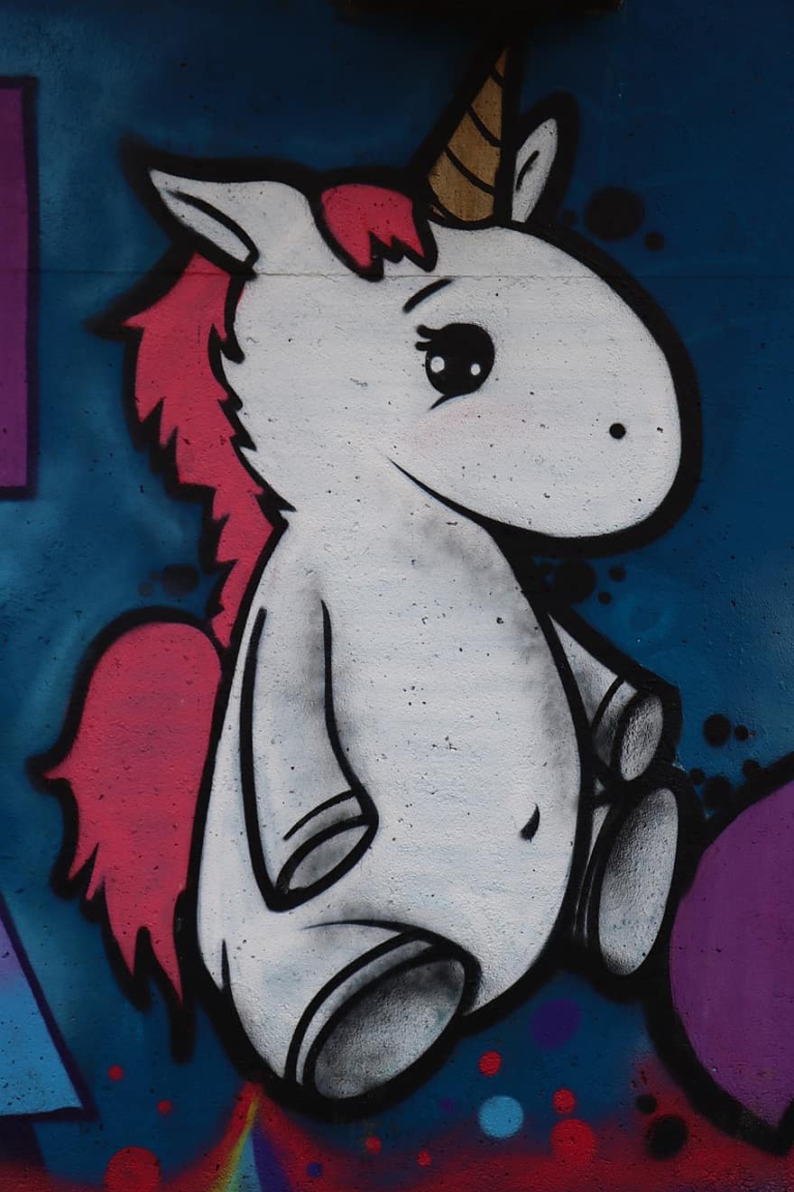 grafite, unicórnio, parede, cavalo, arco Iris, conto de fadas, fantasia, arte de rua, arte de parede, ilustração, fofa