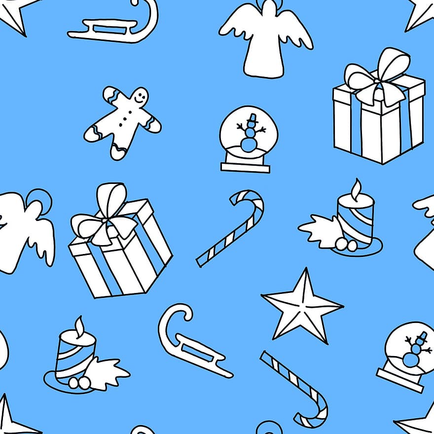 Natal, textura, doodle, padrão sem emenda, feriado, infantil, primitivo, trenó, vela, boneco de neve, cana de açúcar