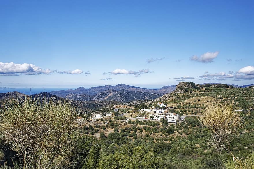 Greece, Crete, Ano Amigdali, Village, Landscape, Mountains, Hill, Mediterranean, Trees, Clouds, mountain