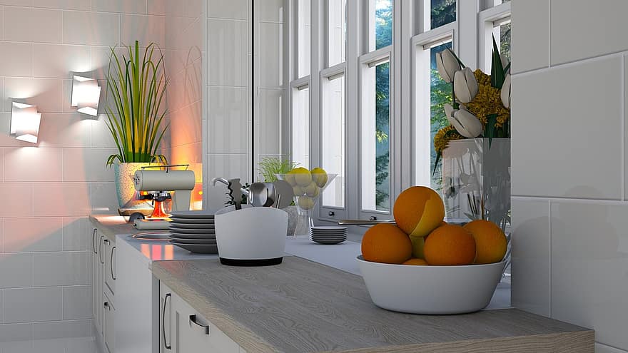 кухня, окно, свет, белый, осветительные приборы, архитектура, интерьер, номер, дизайн, лимоны