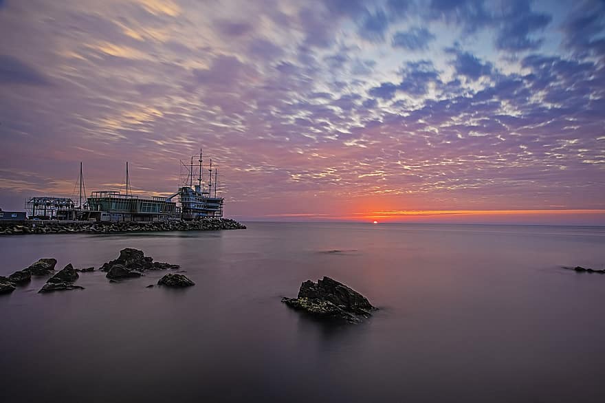 Ocean, Beach, Sunrise, Clouds, Sky, Dongjin Jeong, sunset, dusk, water, nautical vessel, dawn