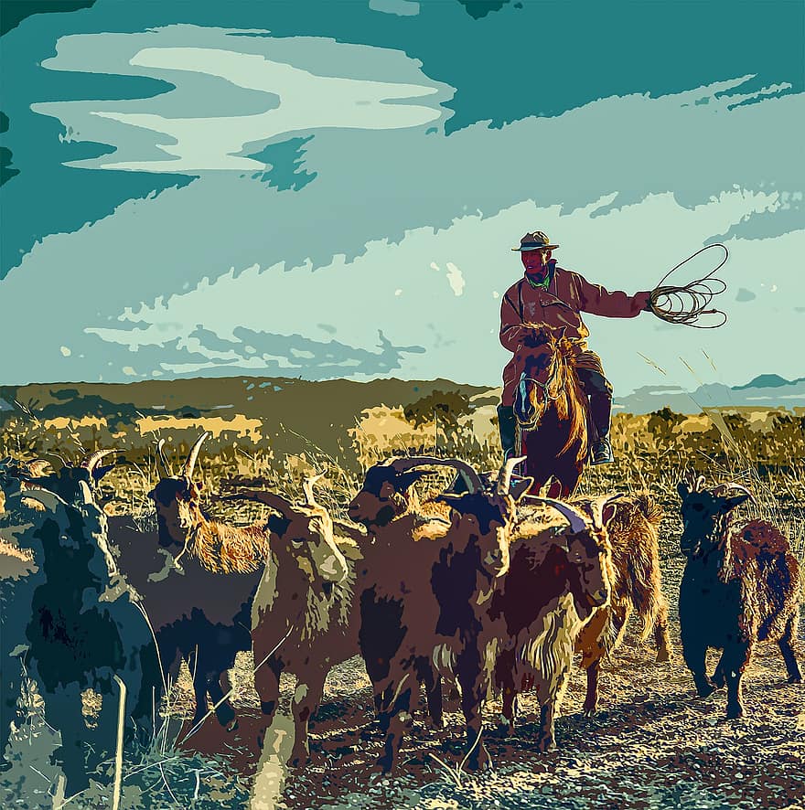 каубой, кон, marlboro човек, шапка с козирка, крави, хора, селско стопанство, селска сцена, ферма, илюстрация, добитък