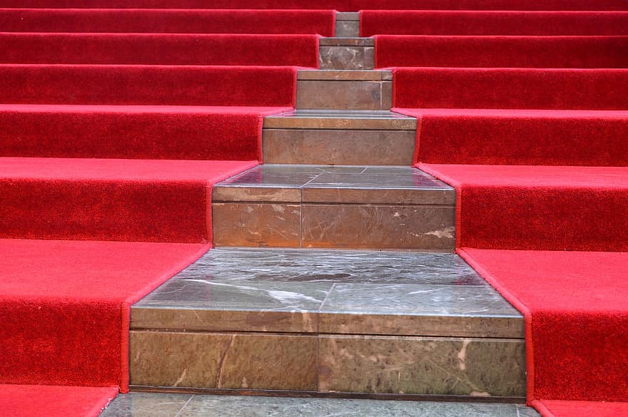 trappa, röda mattan, steg