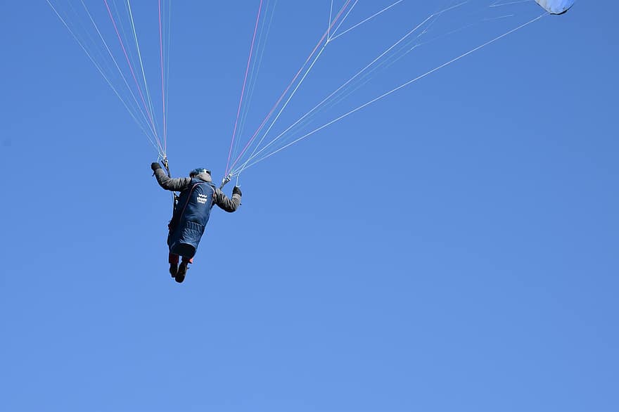 parapent, esport, Activitat recreativa, paracaigudes, volant, vol, Esports extrems, homes, blau, a l'aire, moviment