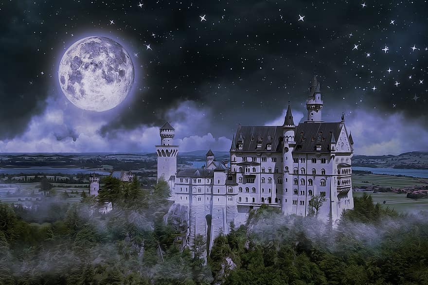 zamek, noc, księżyc, gwiazdy, Fantazja, chmury, niebo, pełnia księżyca