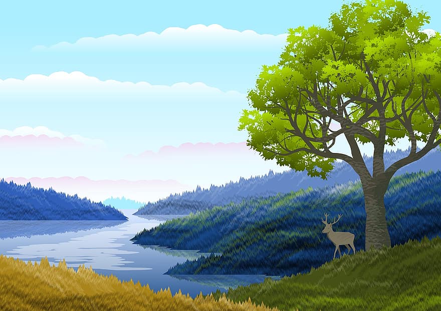 Lake, Hills, Deer, Background, Animal, Gazelle, Wild, Water, Trees, Forest, Mountains