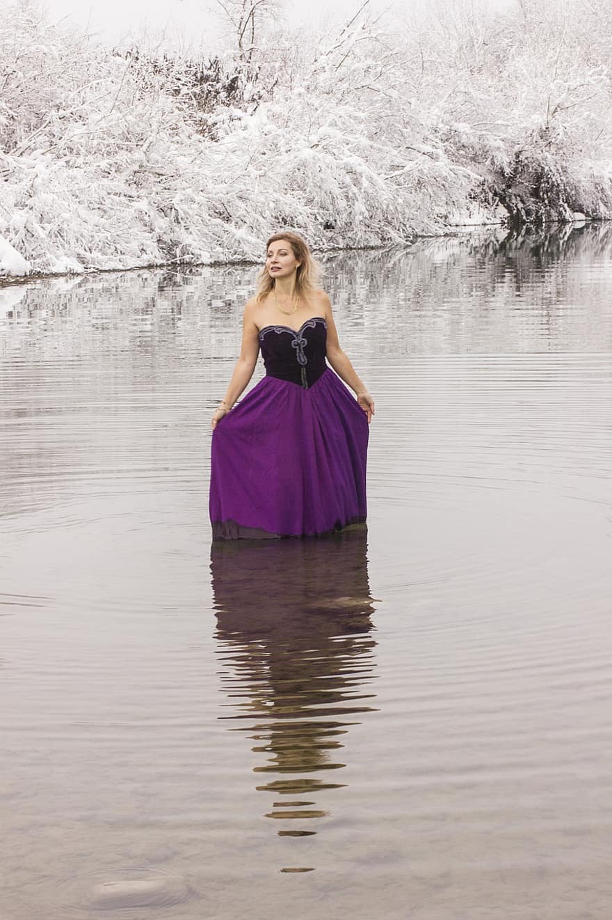 γυναίκα, φόρεμα, λίμνη, μοντέλο, πρόσωπο, ποτάμι, κρύο, δάσος, χειμώνας, μαλλιά, πανεμορφη