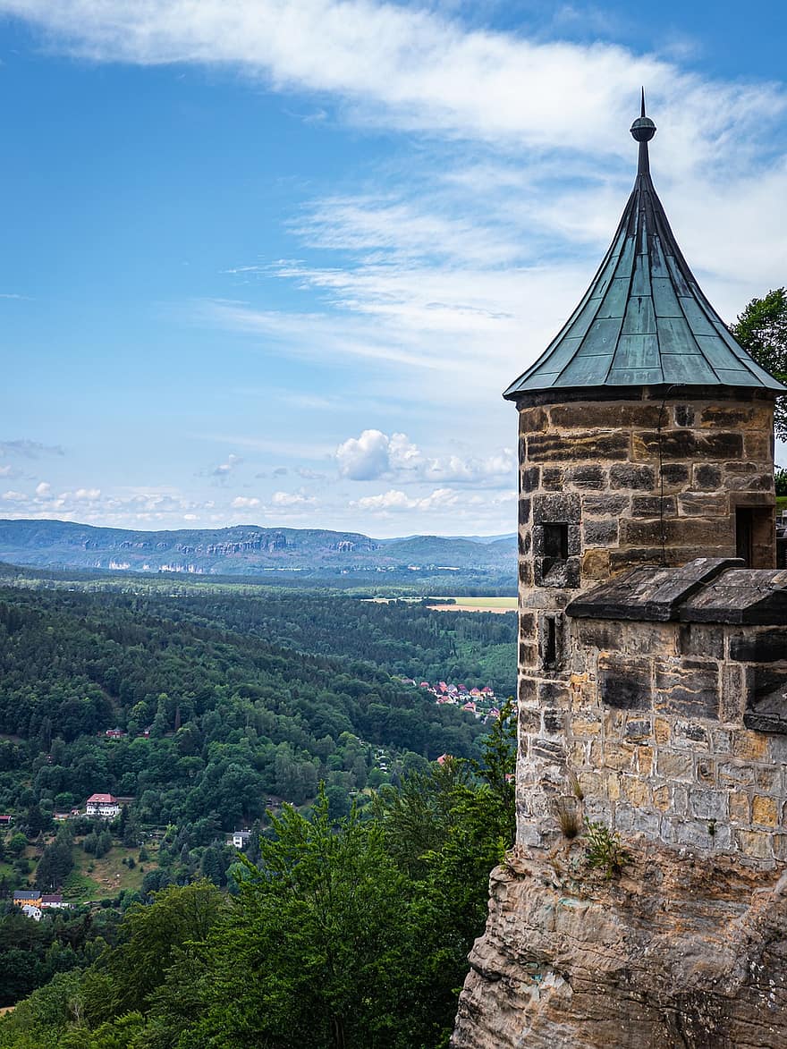 Königstein, замък, крепост, архитектура, средна възраст, стена, сграда, Германия, камък, кула, небе