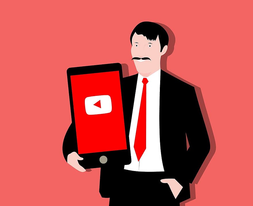 Youtube, aplicação, homem, segurando, Smartphone, mídia social, grande, engraçado, o negócio, homem de negocios, digital