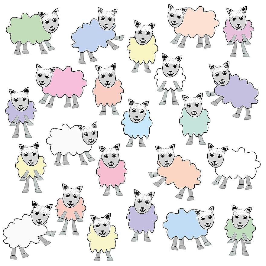 cừu, hoạt hình, Đầy màu sắc, đen, Hồng, màu xanh lá, màu xanh da trời, màu vàng, trái cam, trắng, nâu