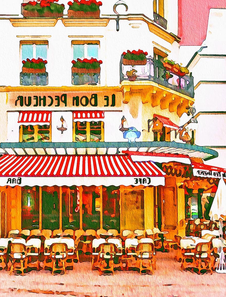 Parisian Bistro, Paris, Sidewalk, Le Bon Pecheur, Restaurant, France, French, Europe, Bistro, Cafe, City