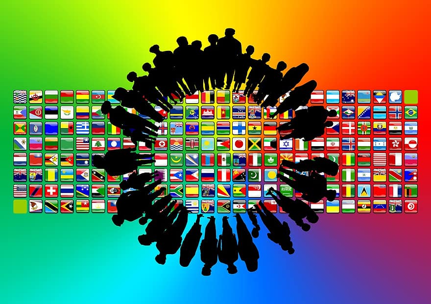 continents, banderes, siluetes, moana, població, humanitat, districte, arranjament, símbols, terra, món